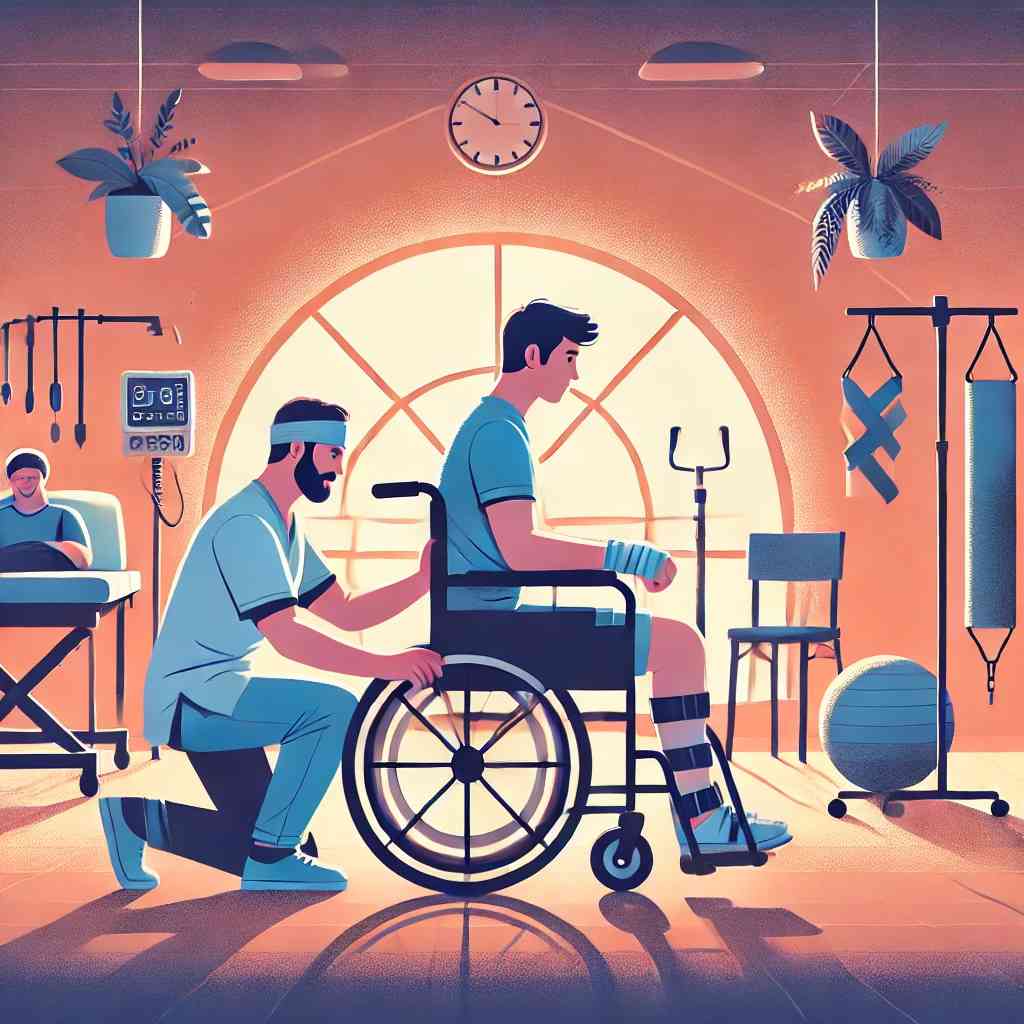 La imagen muestra una escena inspiradora de rehabilitación física, donde un fisioterapeuta ayuda a un paciente en silla de ruedas a realizar ejercicios. Representa inclusión, superación y cuidado profesional en un entorno acogedor